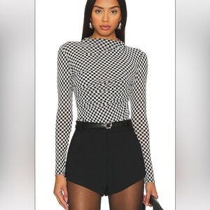 Enza Costa Mesh Long Sleeve Twist Top in Black & White Checker